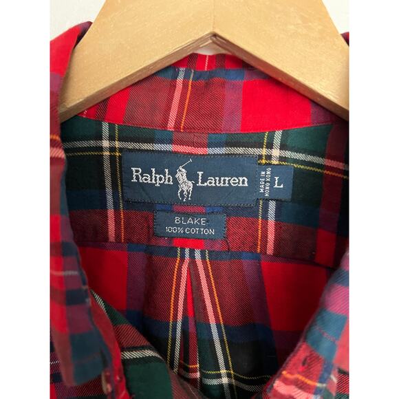 Ralph Lauren Shirt Mens Large Button Down Tartan Plaid Red Blake Holiday Pony - Picture 3 of 4